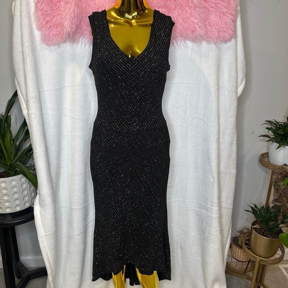 Y2k Witchy Black Shimmer VNeck Sleeveless Midi Dress Asymmetrical USA Medium 6/8